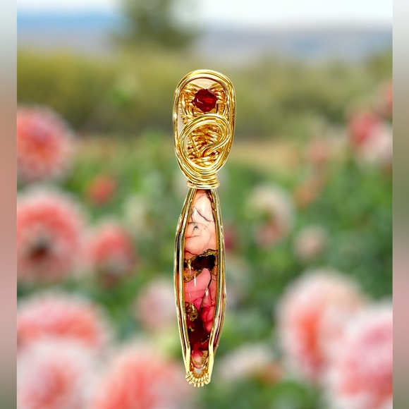 HANDMADE Modern Pendant Kingman Red Dahlia Rose Cabochon Hand Wrapped  Pendant - Picture 3 of 10